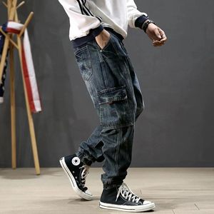 Jeans Street Fashion Men Jeans Retro Blue Printed Designer Big Pocket Casual Cargo Spodnie Hombre Hip Hop Joggers Men Loose Riste Dżinsy