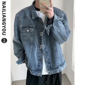 Autumn Retro Baseball Denim Jacket Man Loose Wash Metal Buckle Bomber Jackets Male Lapel Cowboy Coats Casual Harajuku Outwear 240110