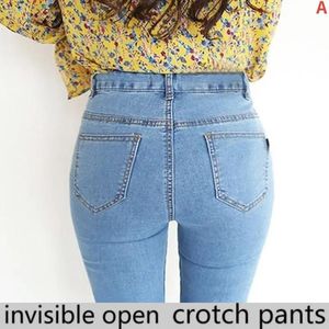 Jeans pantaloni di Opencotch allunga la matita azzurra azzurra a vita alta con cerniera a bordo con cerniera invisibile a doppia testa