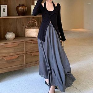 Work Dresses 2024 Autumn Fashion Skirt Set Irregular Gray Cotton Linen High Waist A-line Women's Summer Swing Solid Color Long