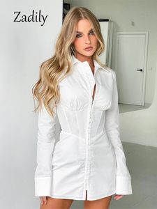 Zadily Spring Office Lady Lengeve Women Shird Dress Korea Style Bodycone White Button Up Work Woman Mini Dresses 240111