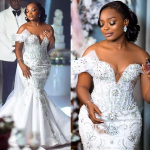 Luxury Mermaid Wedding Dress for Bride Off Shoulder Sequined Lace Beaded Rehinestones Brudklänningar för afrikanska äktenskap Black Women Nigeria Girl CDW192