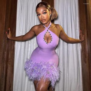 Casual Dresses Factory Wholesale Women's Purple Halter Neck Rhinestones Feather Mini Sexig butik Kändis Cocktail Party Bandage Dress