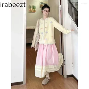 Work Dresses Ladies Set Yellow O-Neck Colorful Flower Decoration Cardigan Pink A-Line Midlength Skirt Dopamine Sweet Two Piece Women