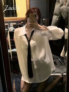 Zadily Sommer Sexy Langarm Oversize Frauen Weißes Hemd Korea Stil Minimalistischen Krawatte Button Up Weibliche Bluse Party Kleidung 240111