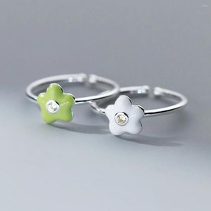 Cluster Rings 925 Silver Open Finger Ring Green White Flower Enamel Cute Clear CZ Stackable For Women Girl Jewelry Gift Dropship Wholesale
