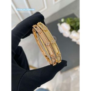 Vintage Van Clee Brand Designer Top Quality Copper With 18k Gold Plated Crystal Four Leaf Clover Thin Cuff Bangle With Box Party Gift Women Jewelry