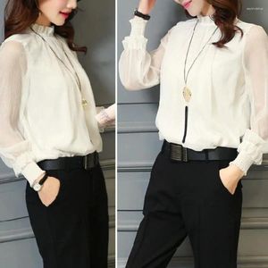 Blusas femininas chique camisa de escritório punhos elásticos versátil colorfast elegante gola plissada cor sólida chiffon