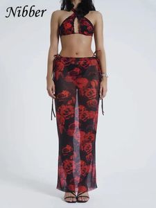 Suits Nibber Rose Print Lacy 3 Piece Set Women Halter Backless Laceup Bikini Suit+Se genom kjol Sexig Beach Matching Swimming Suit