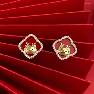 Brincos estilo chinês dragão do zodíaco para mulheres ano brilhante cristal zircão vermelho bonito animal brinco meninas joias de casamento