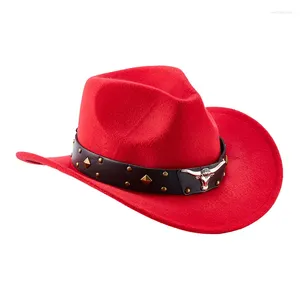 Berets Women Men Cowboy Hat Wool poczuć zachodnią szeroką grzbiet Trilby Fedora Classic Vintage Jazz Cap with Belt Cowgirl Bush Party