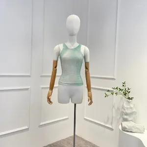 Women's Blouses 2024 Summer Autumn Collection High Quality Light Green Slim Gradient Sleeveless Diamonds Tops For Women