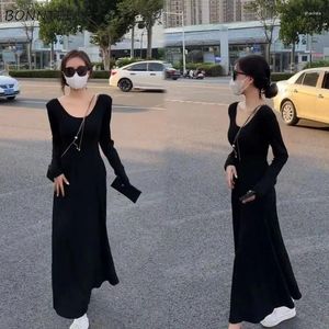 Casual Dresses Black Women Vestidos Slim Sexy Basic All-match U-neck Empire Ankle Length Long Sleeve Female Autumn Gentle Korean Style