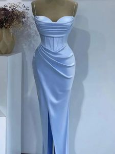 Enkel kvinnlig kvällstävlingsklänning 2024 Sky Blue Spaghetti Rems Sidoslits Satin Ankel längd Prom Formal Party Gowns Robe de Soiree