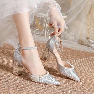 Dress Shoes Size 30-44 Chunky Heel Silver Wedding Bride Bridesmaid High Heels Point Toe Pearls Women