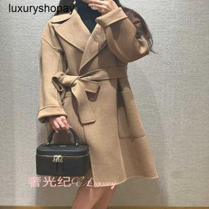 Maxmaras Womens Cashmere Coats Wrap Coat Camel Hair Wool 23fw New Rovo Double Sided Solid Color Lace Up Long Polo Neck Woolen for Women DBGU