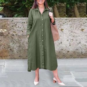 Casual Dresses Women Spring Autumn Dress Single-Breasted Loose Lapel Long Sleeve Pockets Mjuka andningsbara knappar Midkalvlängd Midi