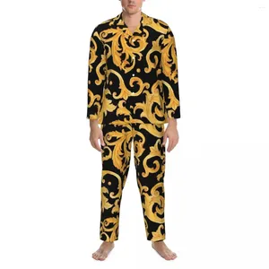 Homens sleepwear barroco impressão pijama conjuntos outono ouro floral kawaii sono masculino 2 peça casual oversized personalizado nightwear presente de aniversário