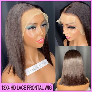 Grade 10A Brazilian Peruvian 12 Inch Natural Black Color 100% Raw Virgin Remy Human Hair Silky Straight 13x4 HD Lace Bob Wig