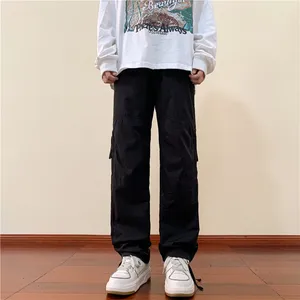 Men's Pants 2024 Spring Autumn Men Fashion Loose Straight Male Solid Color Casual Pockets Trousers High Waist Cargo I668