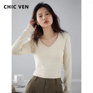 Women's T Shirts CHIC VEN Basic Women Tees Knitted Bottom Shirt V-neck Long Sleeve T-shirt Tops Autumn Sping Clothing 2024