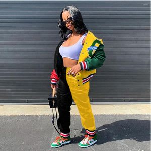 Women's Two Piece Pants Winter 2024 Women's Colorblock Lettering Single Breasted Jacket And Sweatpants Baseball Uniform Set Streetwear