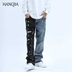 Mäns jeans män färgblåsade blossade jeans tvättade hål vintage hip hop lapptäcke flare denim byxor nödställda rippade män denim jeans wideyolq