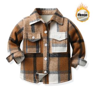 Fashion Jackets for Kid Boy Girl Baby Plush Fleece Lining Shirts Children Warm Button Up Coats Infant Long Sleeve Plaid Cardigan 240111