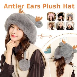 Women Winter Thicken Plush Cap Deer Christmas Antler Fur Pompom Knitted Beanies Female Windproof Hat Gift 240111