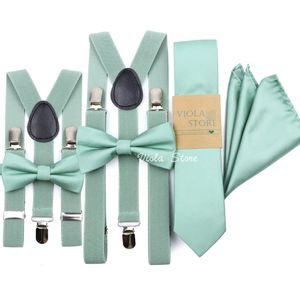 Verde salvia Solido 2,5 cm Bretella 6 cm Cravatta Hankie Bow Set Uomo Bambino Cravatta Brace Cinghie regolabili Accessorio per festa di nozze 240111