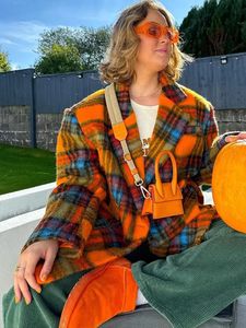 Solto xadrez de lã contraste blazer casaco para mulheres primavera outono chique tweed mistura jaqueta moda senhora manga longa outerwear 240112