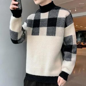 Men's Sweaters Knitted For Men Turtleneck Man Clothes Blue Pullovers Half Collar Plaid Fleeced Order Loose Fit X Sweatshirts Overfit S