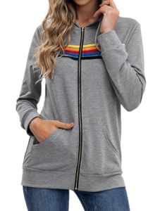 Hoodies femininos moletom feminino moda hoodie oversized arco-íris listra manga longa moletom com zíper bolso casaco jaqueta primavera casual v