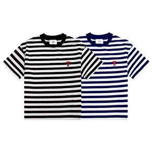 Sommerliches, schwarz-weiß gestreiftes, besticktes T-Shirt mit Love-Logo, kurzärmeliges, lässiges Herren- und Damen-T-Shirt mit lockerem Rundhalsausschnitt aus reiner Baumwolle, Designer-T-Shirt