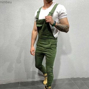 Men's Jeans Solid color Men's Jumpsuits Hi Street Multi Pocket Sleeveless Bib Overalls for Man Slim Suspender Pants Trousers Plus Size M-3XLL240111