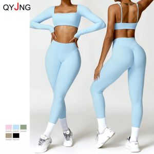 QYJNG Gym Set Woman 2 Pieces Sportwear Long Sleeve Training Suit for Fitness Yoga Wear Workout Clothes Female Sport Outfit Black 240112