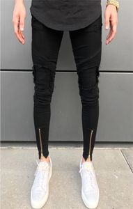 Ayak bileği fermuar tasarım histreet erkekler siyah yırtık kot erkek moda erkek sıkıntılı skinny jeans yok kot kot pantolon7536136