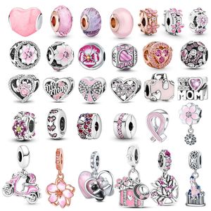 Pink Love Heart Murano Charm Fit Plata De Ley Original Bracelet 2024 New Collection Family Tree Argent Bijoux