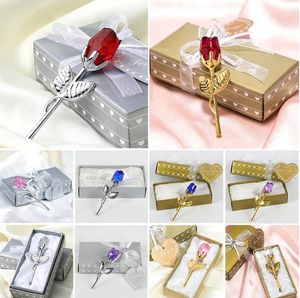 10Color Crystal Glass Rose Flower Figures Craft Artificial Flower With Box Alla hjärtans dag Bröllop Favors Lovers Gift Souvenir