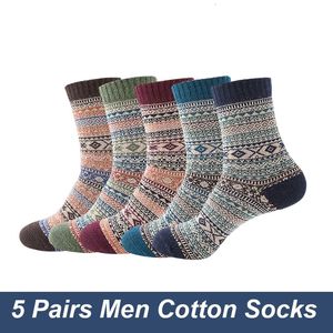 5 PairsLot Autumn And Winter High Quality Mens Wool Socks Thickened Warm Breathable Soft Vintage Striped Midtube EU3843 240112