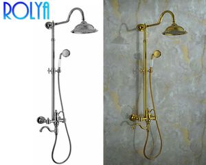 Rolya ChromeGolden Classic Exposed Round Rain Shower Head Hand Shower Set Cross Handle in Gold Solid Brass9716718