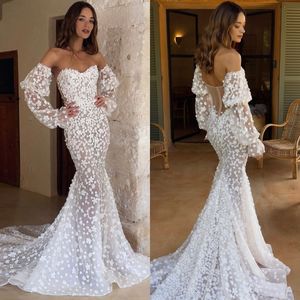 Lace Boho Mermaid Dresses Sweetheart Designer Wedding Dress Appliques Illusion Back Sweep Train wedding bridal gowns