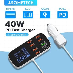 Chargers 40W 8 Ports USB Araç Şarj Cihazı QC3.0 PD Tip C Hızlı Telefon Şarj Cihazı LED Ekranlı Çoklu USB Şarj Cihazı İPhone 14 Android Samsung