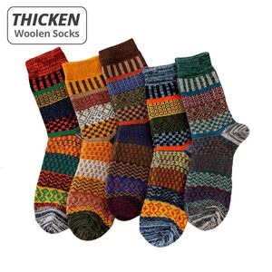 HSS Brand Business Men Wool Socks Thicken Mens Warm Retro National Style Small Square Striped For Snow boots 5 PairsLot 240112