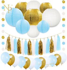 Nicro 38 PCSSet Gold Blue White Paper Lanterns Balloons Foil Tassel Garland Baby Shower Birthday Party Decoration Diy Set763447933