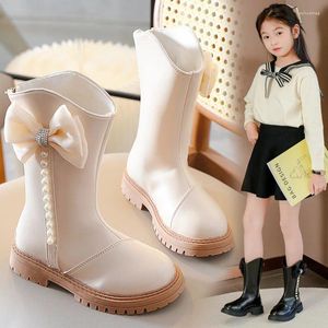 Stivali bambini perla che borda le ragazze lunghe principessa coreana papillon in pelle PU moda chic inverno autunno scarpe per studenti