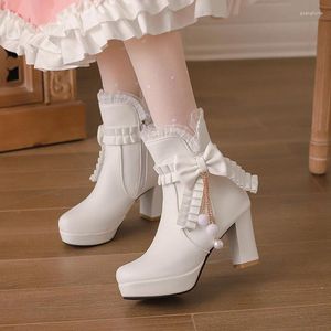 Botas doce lolita estilo borboleta-nó corrente babados tornozelo para princesa zíper 5cm bloco de salto alto festa mulheres sapatos rosa 2024