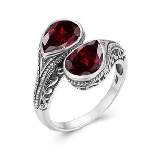 Pure 925 Sterling Gümüş 2 Taş Kadınlar Garnet Yüzük Vintage Mücevher Gotik Gözyaşı Damlası Evlilik Yıldönümü Kadın Hediyesi Karısı R 240112