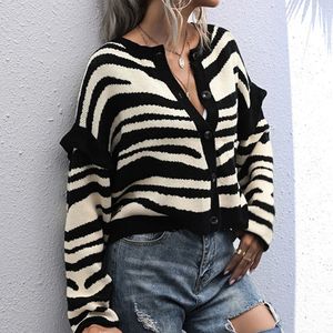 Zebra Print Ladies Cardigan Sticked Coat Fashion Woman Long Sleeve O Neck Korean Tjock tröja Autumn Loose Jacket Streetwear 240111