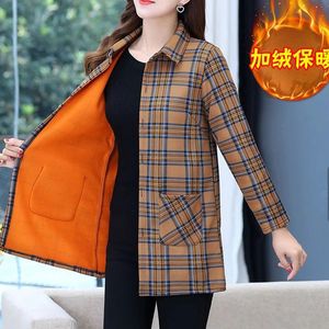 Winter Plaid Fleece Pockets Patchwork Blouse Long Sleeve Loose Plus Size Vintage Shirt Tops Casual Fashion Women Clothing 240112